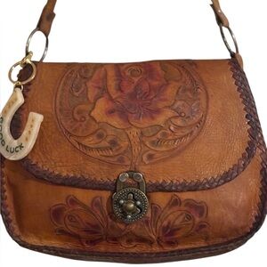 70’s Hand-Tooled & Painted Deerskin Leather Rose Saddle Shoulder Bag Mexico